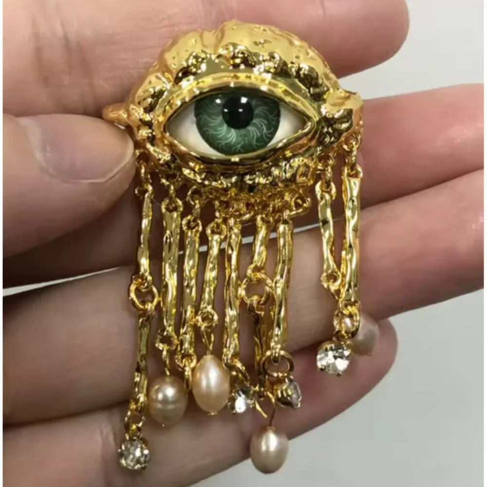 Schiaparelli Inspired Surrealist Evil Eye Brooch Pearl Tassel - NEW